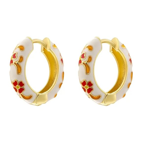 Enamel Huggie Hoop Earrings Floral Design White Red One Size - Picture 1 of 10